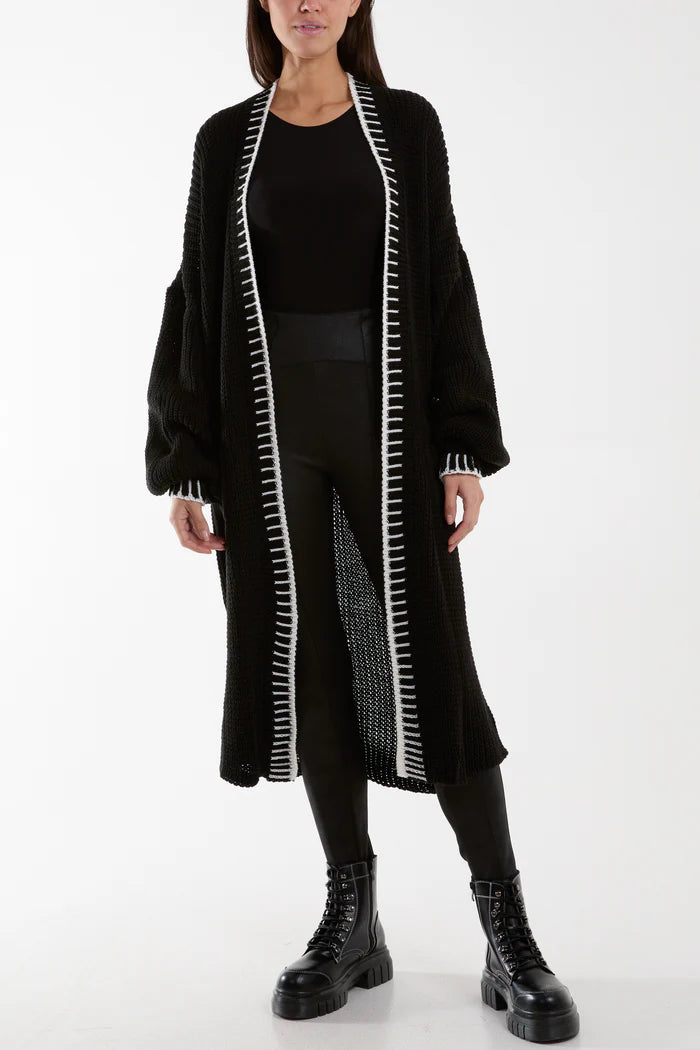 BLANKET STITCH HEM LONGLINE CARDIGAN