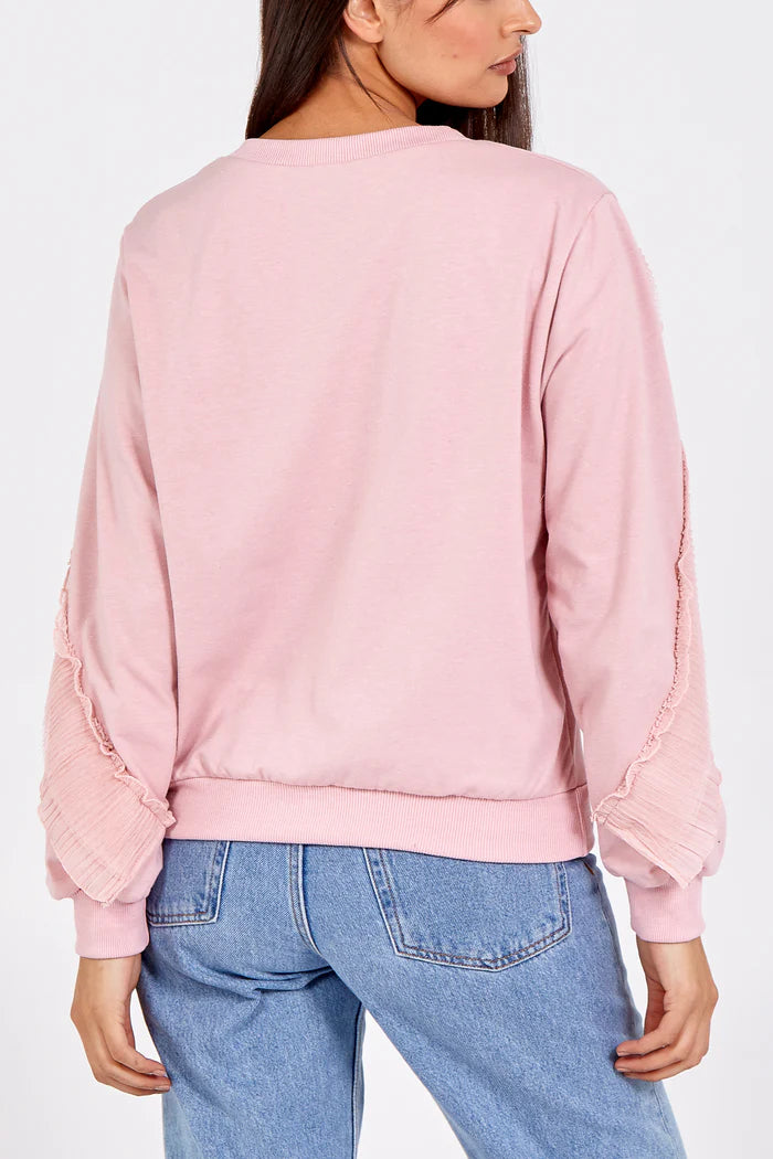 FRILL PANEL ROUND NECK SWEATSHIRT