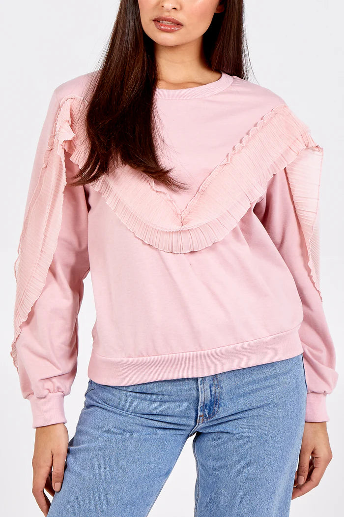 FRILL PANEL ROUND NECK SWEATSHIRT