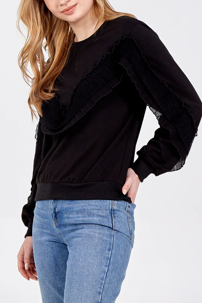 FRILL PANEL ROUND NECK SWEATSHIRT