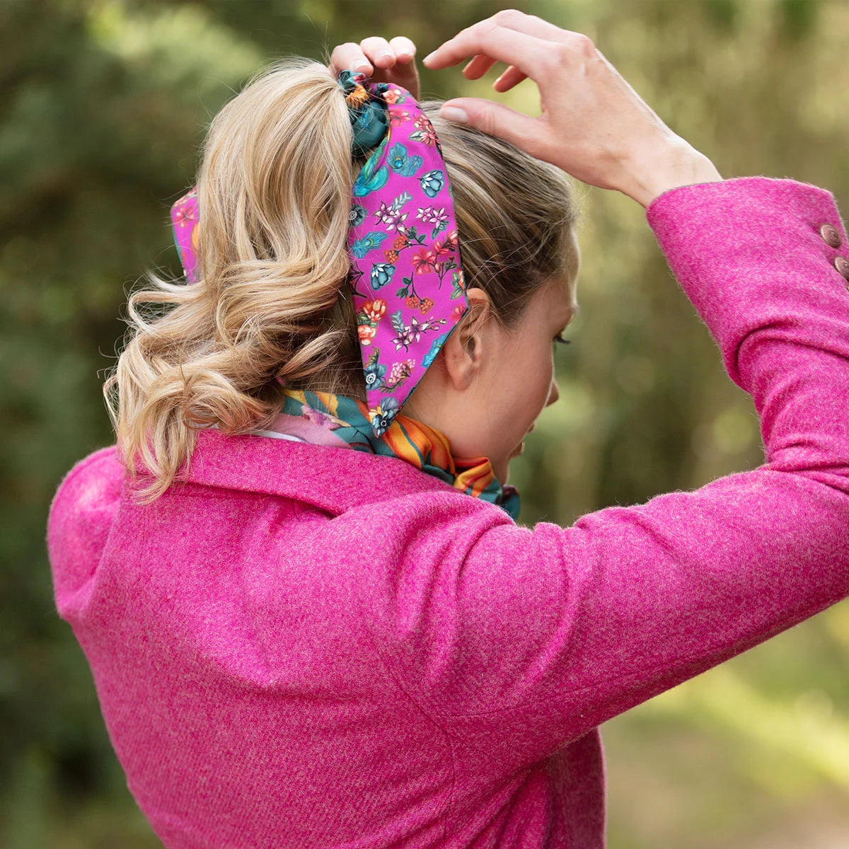 Airs & Graces Magenta Pink & Willow Medium Tail Silk Scrunchie